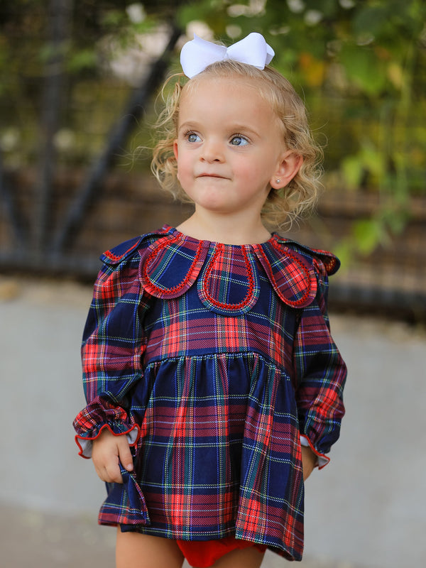 Fall Plaid Girl Set Petal Collar Puff Sleeve Bloomer
