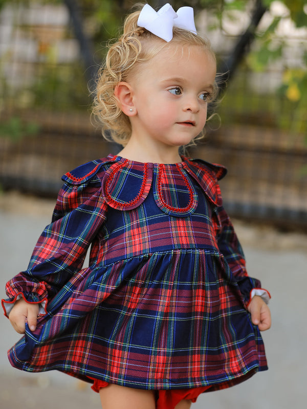 Fall Plaid Girl Set Petal Collar Puff Sleeve Bloomer