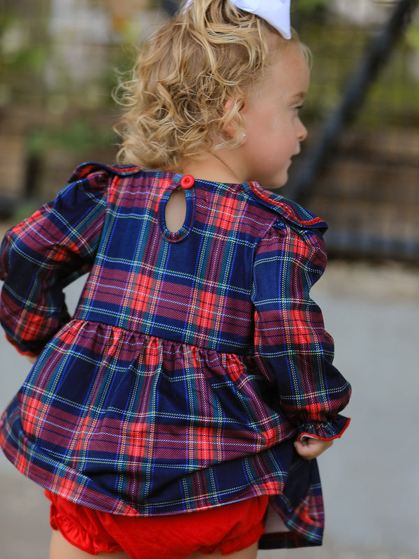 Fall Plaid Girl Set Petal Collar Puff Sleeve Bloomer