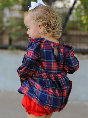 Fall Plaid Girl Set Petal Collar Puff Sleeve Bloomer