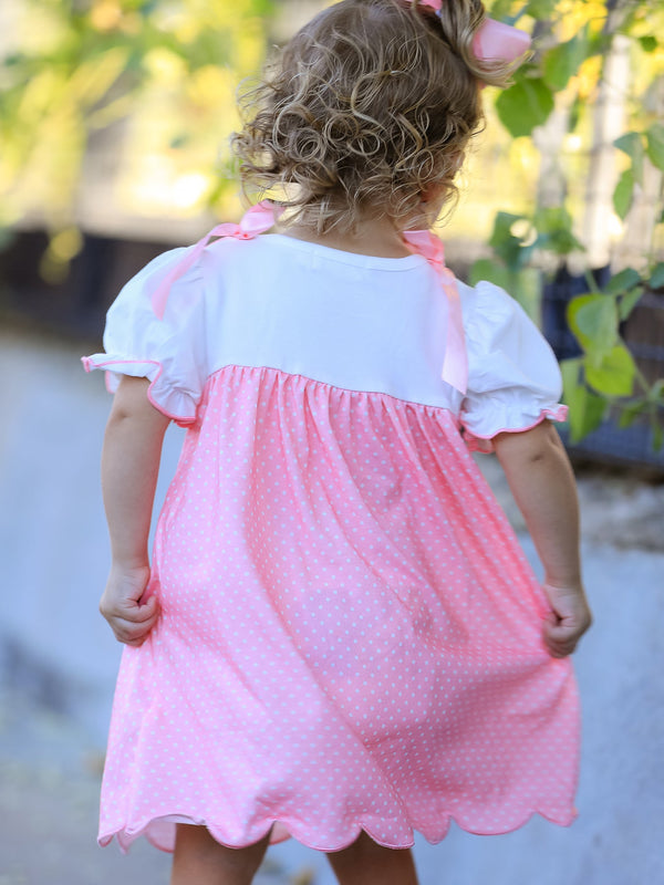 Fall Pink Ballet Embroidery Bow Polka Dot Dress