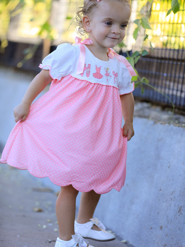 Fall Pink Ballet Embroidery Bow Polka Dot Dress