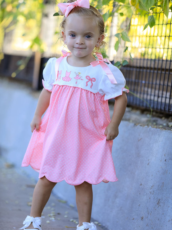 Fall Pink Ballet Embroidery Bow Polka Dot Dress