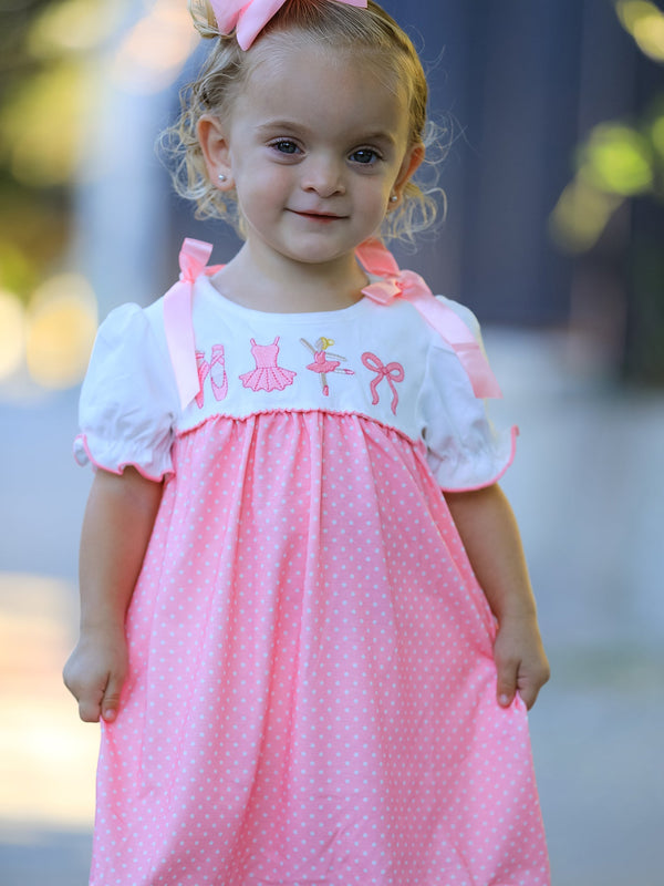 Fall Pink Ballet Embroidery Bow Polka Dot Dress