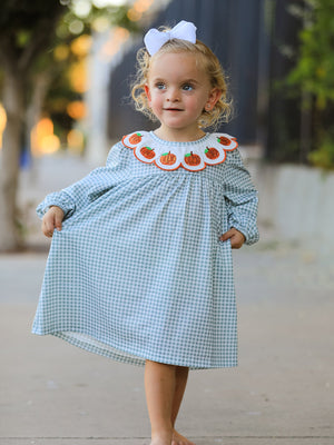 Halloween Thanksgiving Pumpkin Embroidery Girls Dress Peter Pan Collar