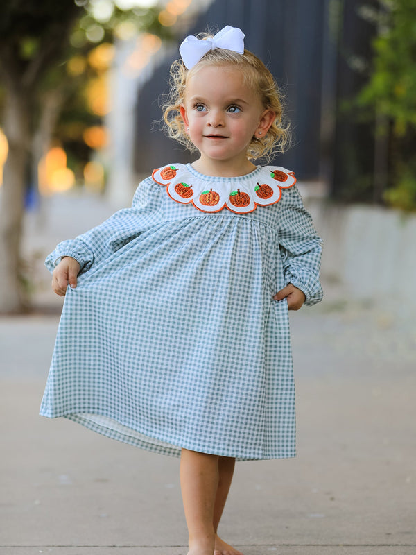 Halloween Thanksgiving Pumpkin Embroidery Girls Dress Peter Pan Collar