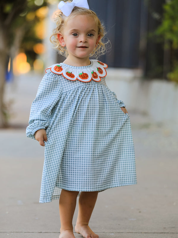 Halloween Thanksgiving Pumpkin Embroidery Girls Dress Peter Pan Collar