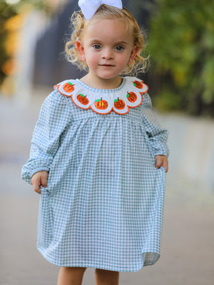 Halloween Thanksgiving Pumpkin Embroidery Girls Dress Peter Pan Collar