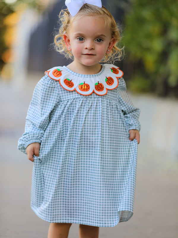 Halloween Thanksgiving Pumpkin Embroidery Girls Dress Peter Pan Collar