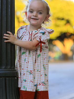 Fall Gingham Girls Dress Ruffle Collar Bow