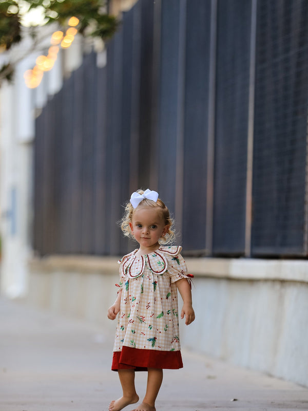 Fall Gingham Girls Dress Ruffle Collar Bow