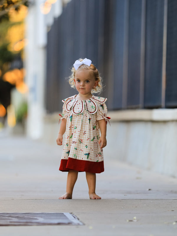 Fall Gingham Girls Dress Ruffle Collar Bow