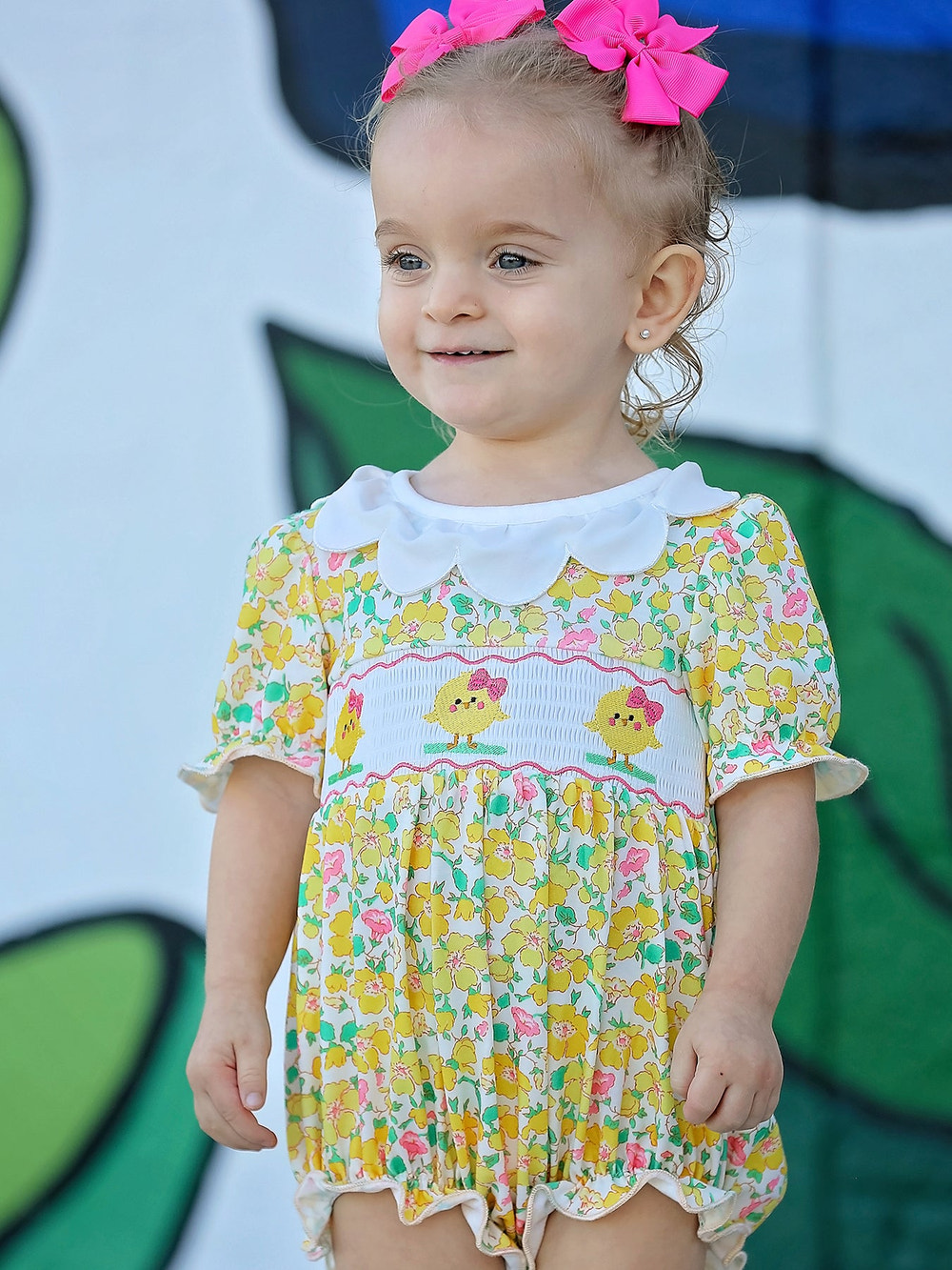 Easter Yellow Chick Embroidery Floral Baby Girl Romper Petal Collar