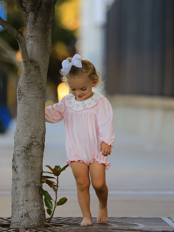 Pink Goose Embroidered Baby Girl Romper Ruffle Collar