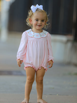 Pink Goose Embroidered Baby Girl Romper Ruffle Collar