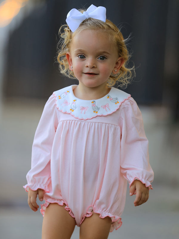 Pink Goose Embroidered Baby Girl Romper Ruffle Collar