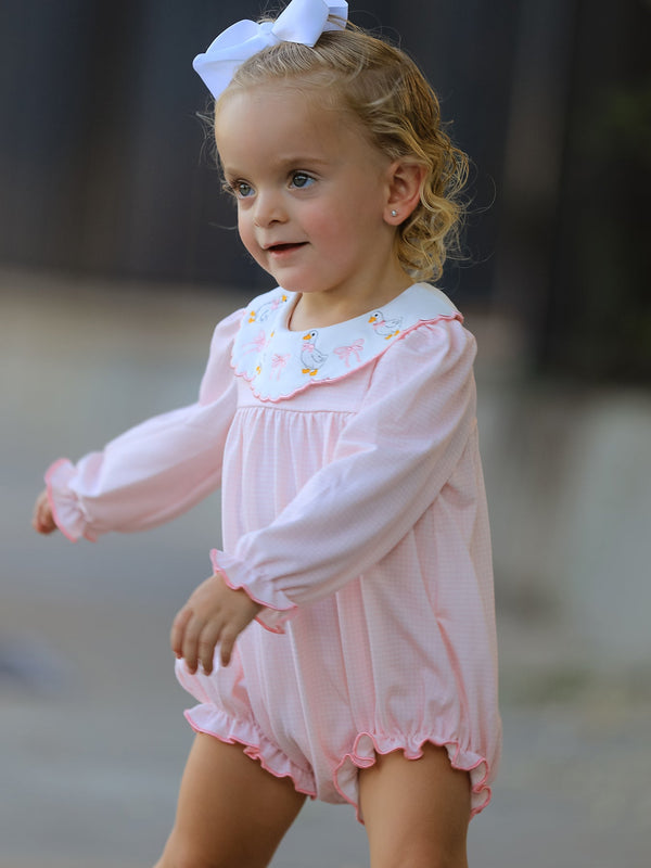 Pink Goose Embroidered Baby Girl Romper Ruffle Collar