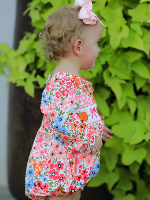 Fall Halloween & Thanksgiving Pumpkin Bow Smock Embroidered Floral Baby Girl Romper