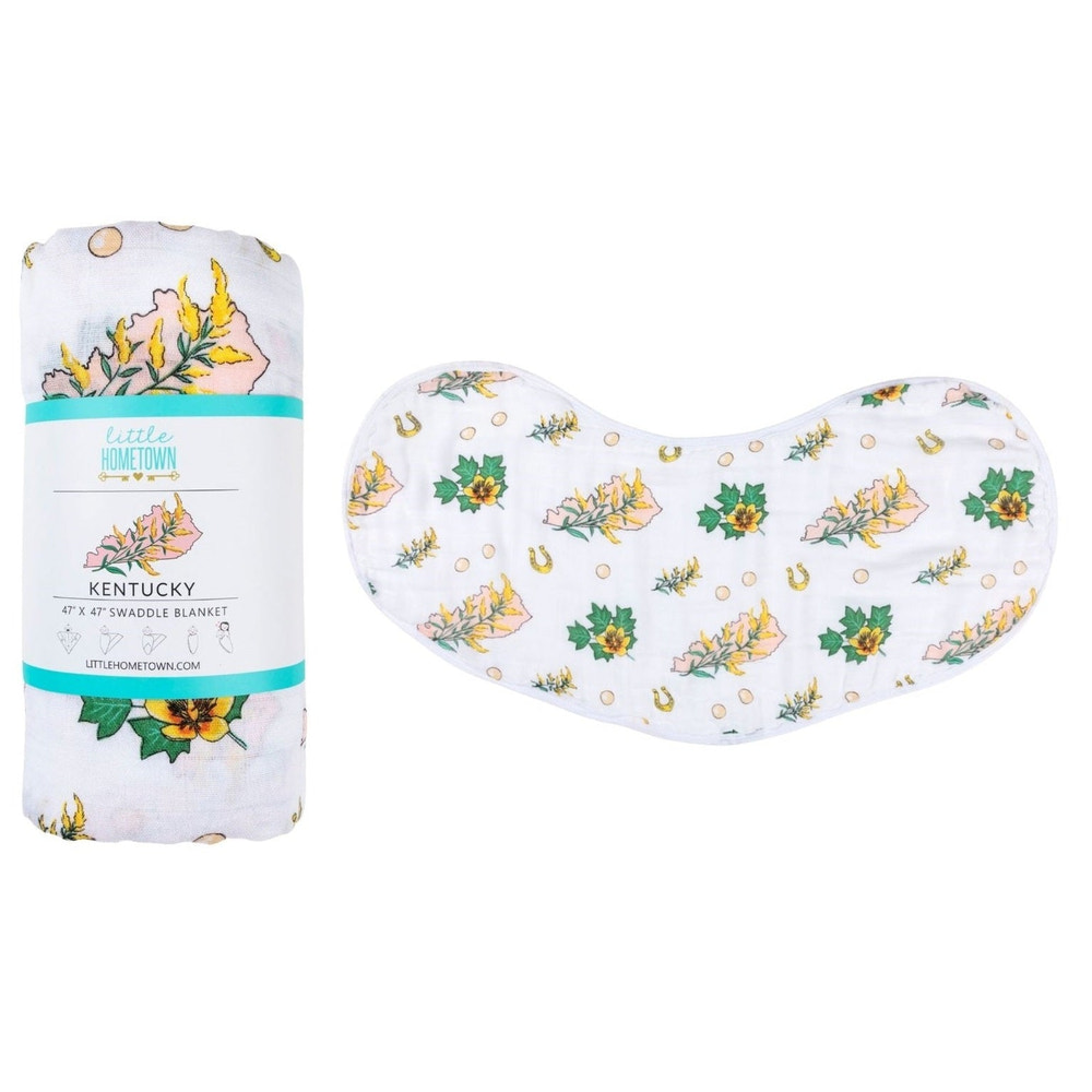 Kentucky Baby floral muslin swaddle blanket and burp cloth/bib combo gift set for infants.