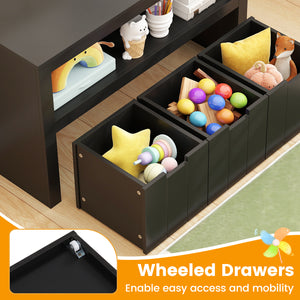 Kid Toy Storage Cabinet with 3 drawers and wheels, perfect for organizing toys in a stylish and functional way.