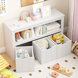 Kid toy storage cabinet with 3 drawers and wheels, perfect for organizing toys and entertainment items. Angle view.