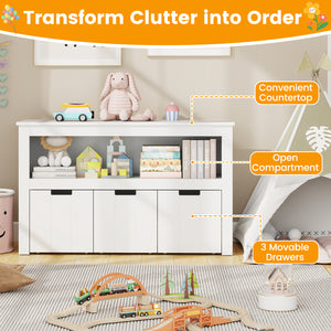 Kid Toy Storage Cabinet with 3 drawers and wheels, perfect for organizing toys in a stylish and functional way.