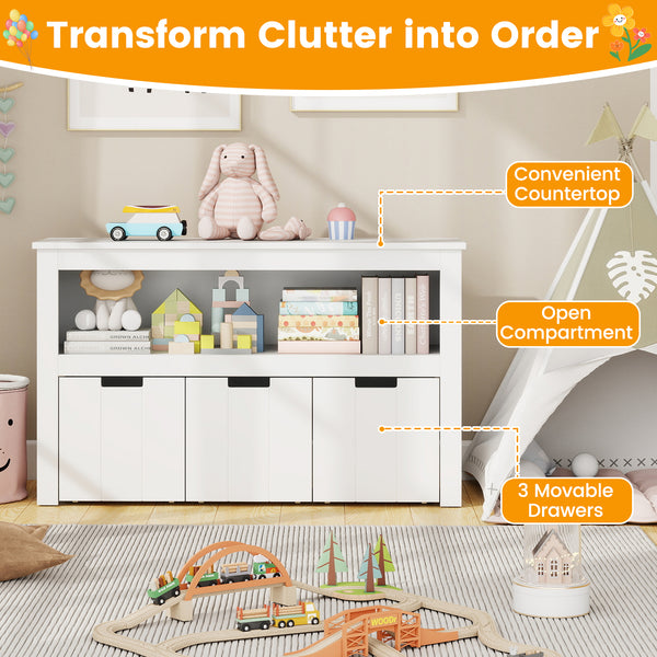 Kid Toy Storage Cabinet with 3 drawers and wheels, perfect for organizing toys in a stylish and functional way.