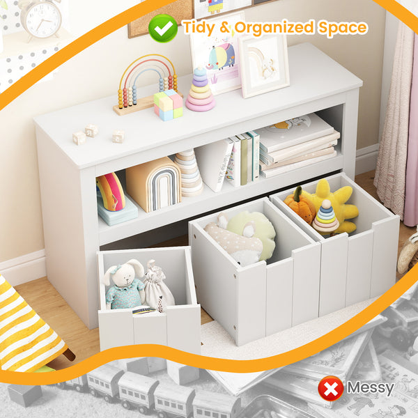 Kid toy storage cabinet with 3 drawers and wheels, perfect for organizing toys in a playful space.