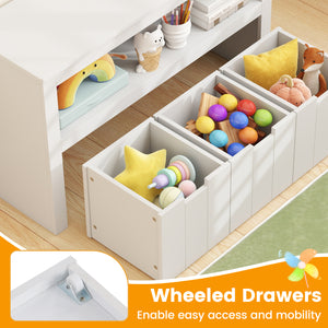 Kid Toy Storage Cabinet with 3 drawers and wheels, perfect for organizing toys in a stylish and functional way.