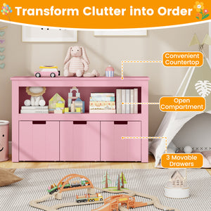 Kid Toy Storage Cabinet with 3 drawers and wheels, perfect for organizing toys in a stylish and functional way.