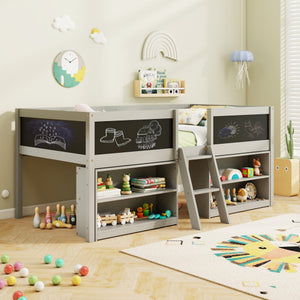 Kid Twin Size Low Loft Bed with Chalkboard Ramp Ladder and Bookcases-Gray