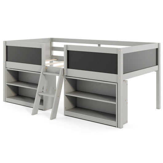 Kid Twin Size Low Loft Bed with Chalkboard Ramp Ladder and Bookcases-Gray