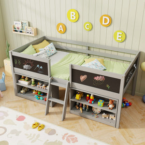 Kid Twin Size Low Loft Bed with Chalkboard Ramp Ladder and Bookcases-Gray