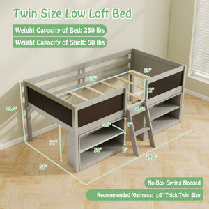 Kid Twin Size Low Loft Bed with Chalkboard Ramp Ladder and Bookcases-Gray