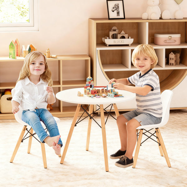 Modern kid's dining table set with 2 armless chairs, perfect for playtime and mealtime fun.