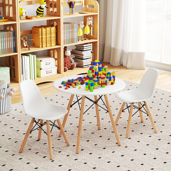 Modern dining table set for kids with 2 armless chairs, perfect for playtime and meals. Angle 6 view.