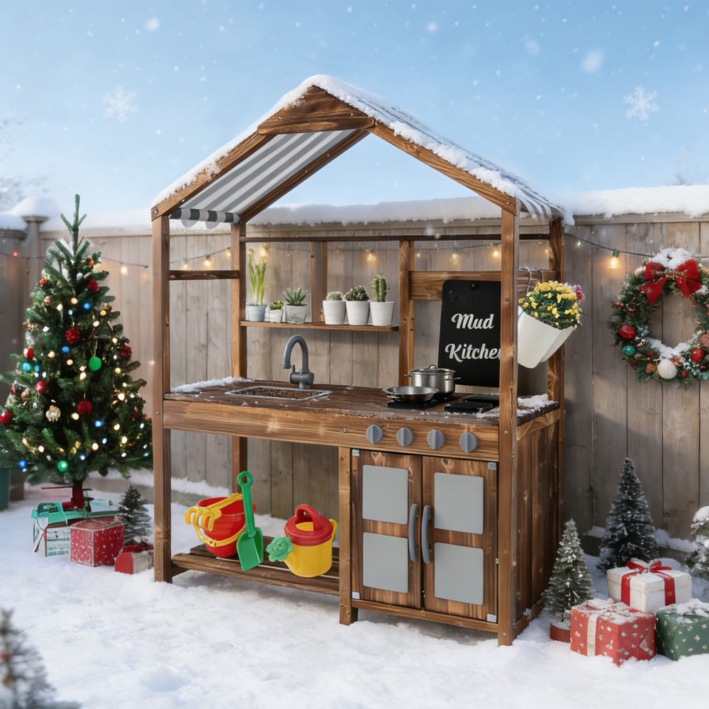 Kid's Mud Kitchen Outdoor Solid Wood Mud Kitchen with Canopy