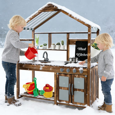 Kid's Mud Kitchen Outdoor Solid Wood Mud Kitchen with Canopy