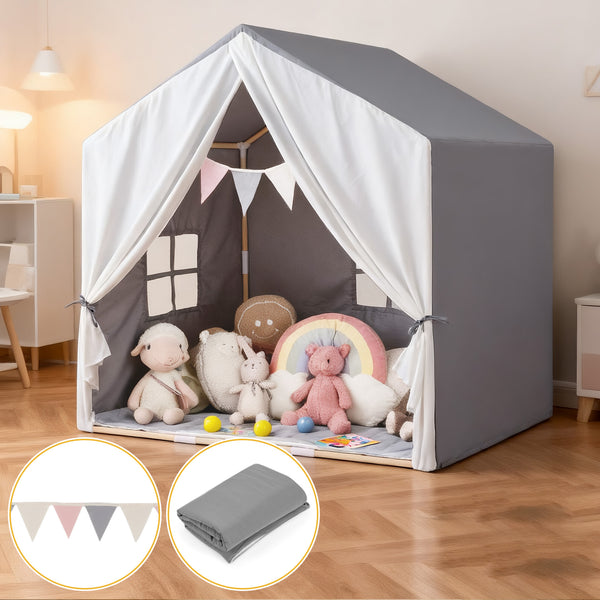 Kid's Play Tent with Washable Cotton Mat and Flag Banner for Kids