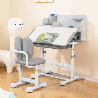 Gray kid's study desk with tilt desktop and pen holder, perfect for children's table and chair sets.