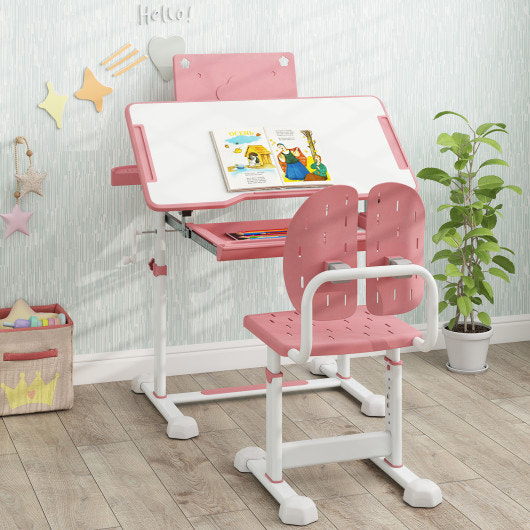 Kid's Study Desk and Chair Set with Tilt Desktop and Book Stand-Pink
