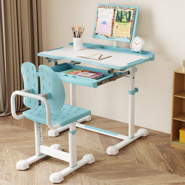 Kid's blue study desk and chair set with tilt desktop and book stand for comfortable learning.