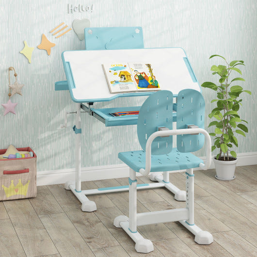 Kid's blue study desk and chair set with tilt desktop and book stand for comfortable learning.