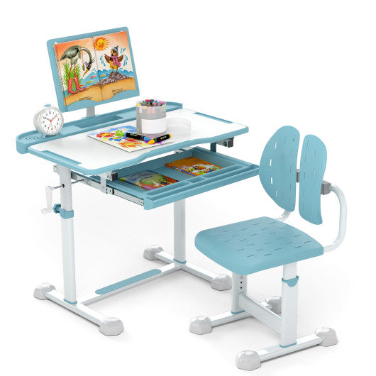 Kid's Study Desk and Chair Set with Tilt Desktop and Book Stand-Blue