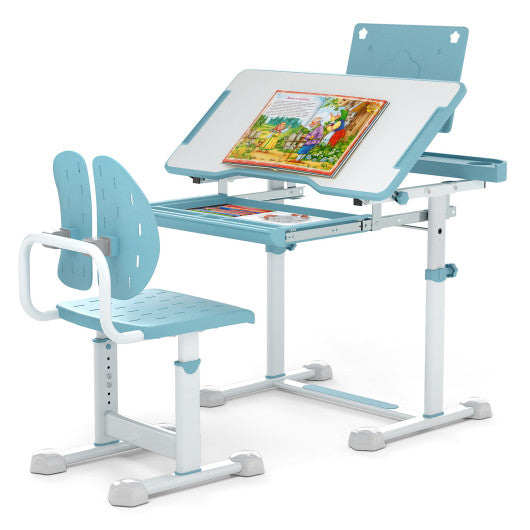 Kid's Study Desk and Chair Set with Tilt Desktop and Book Stand-Blue