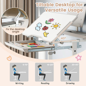Kid's Study Desk and Chair Set with Tilt Desktop and Book Stand-Gray