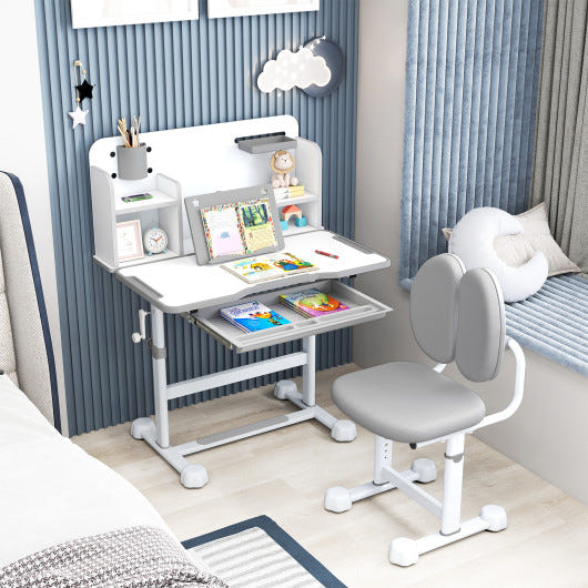 Gray kid's study desk with tilt desktop and pen holder, perfect for children's table and chair sets.