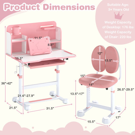 Kid's Study Desk and with Tilt Desktop and Pen Holder-Pink