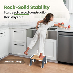 1-Step Wooden Stool for Kids, multi-purpose potty training aid, shown from angle 7. Safe and sturdy for little ones.
