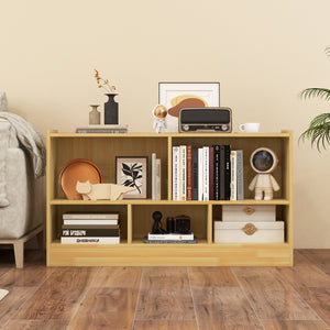 Kids 2-shelf bookcase with 5-cube storage for toys, angled view, perfect for organizing children's playroom.